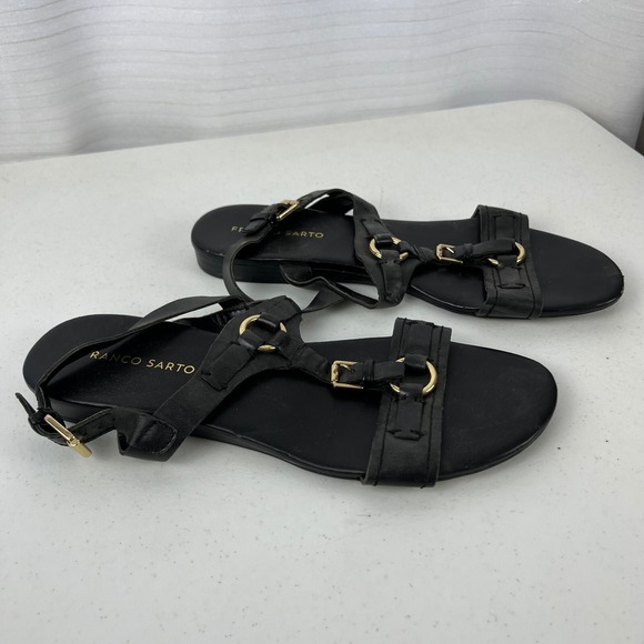 Franco Sarto Strappy Sandals Womens 10M Black‎ Leather Flat Heel Buckle Vacation - Picture 5 of 16
